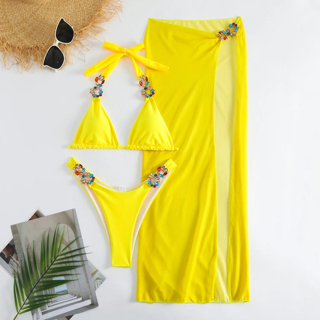 Light Diamond rose red three-piece swimsuit bikini with a long mesh skirt.