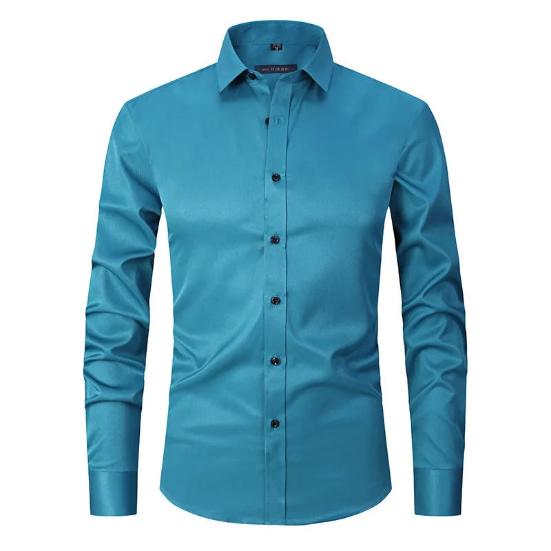 Man wearing a solid colour long sleeve polyester work shirt, showcasing the professional fit and style.