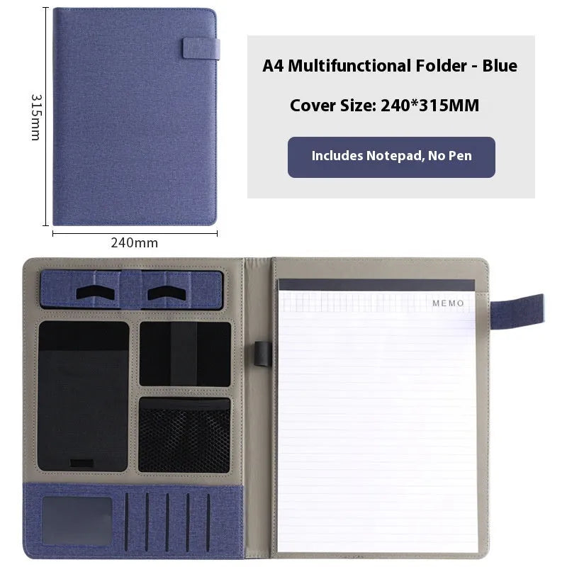 Leather A4 business folder in black colour showing pen holder and notepad configuration