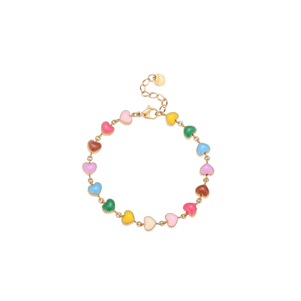 Women's adjustable heart pendant bracelet with colourful oil accents in gold or steel finish