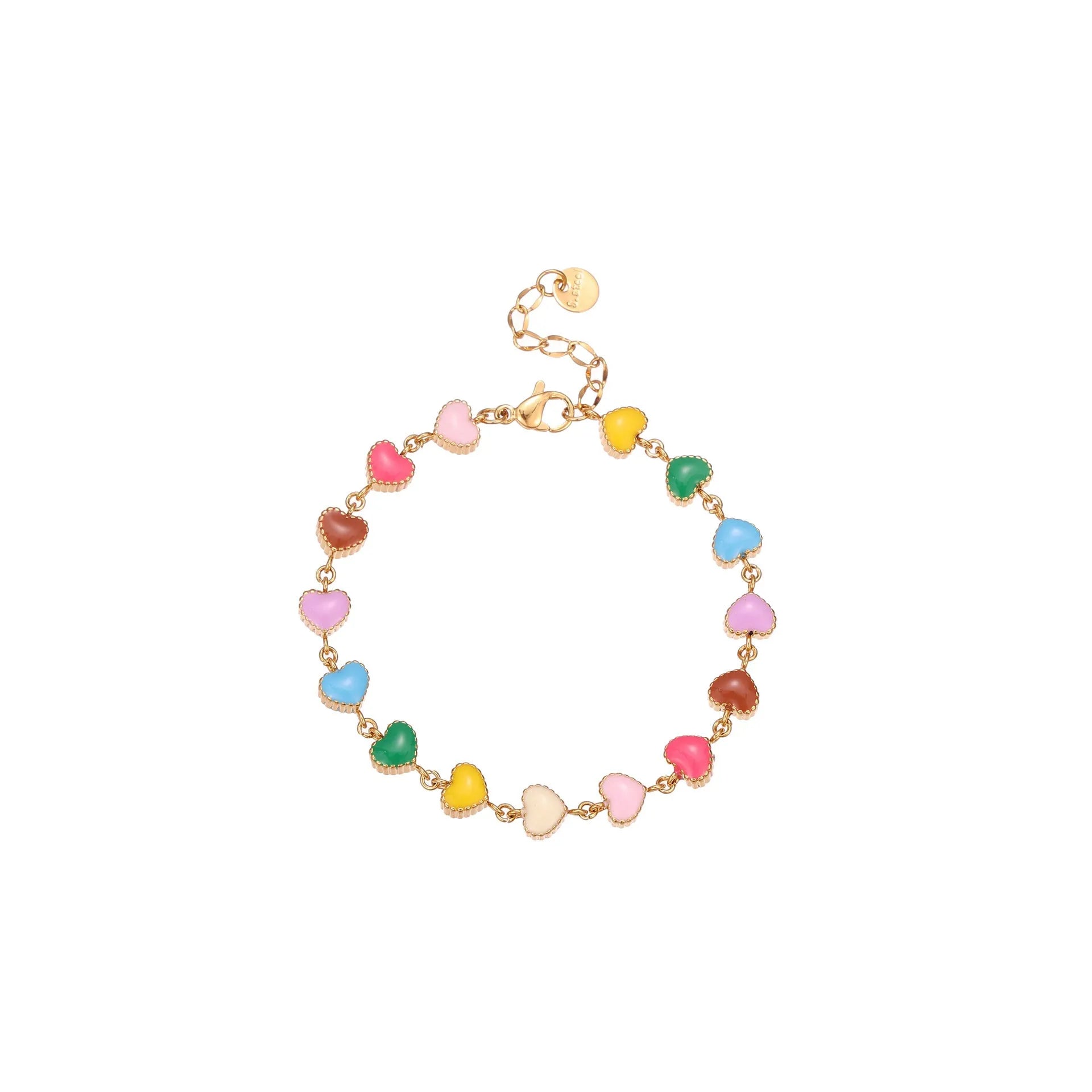Women's adjustable heart pendant bracelet with colourful oil accents in gold or steel finish