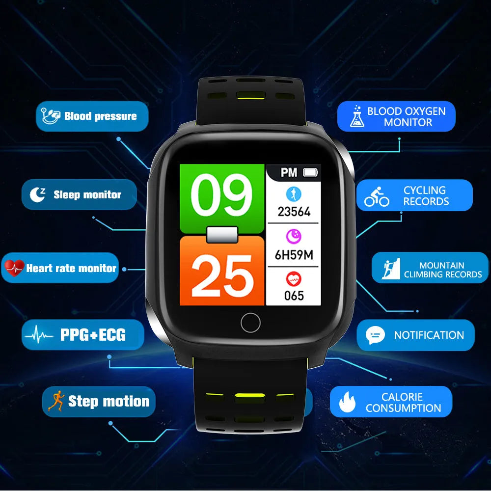 F16 Smart Watch with ECG monitor on a black green silicone wristband, showing touch screen display.