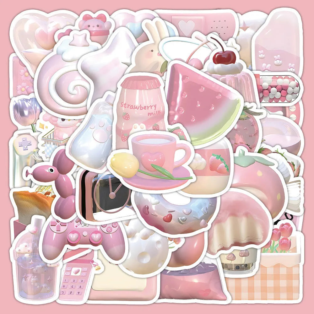 63-piece decorative sticker set with realistic 3D pink girl heart designs in two distinct patterns