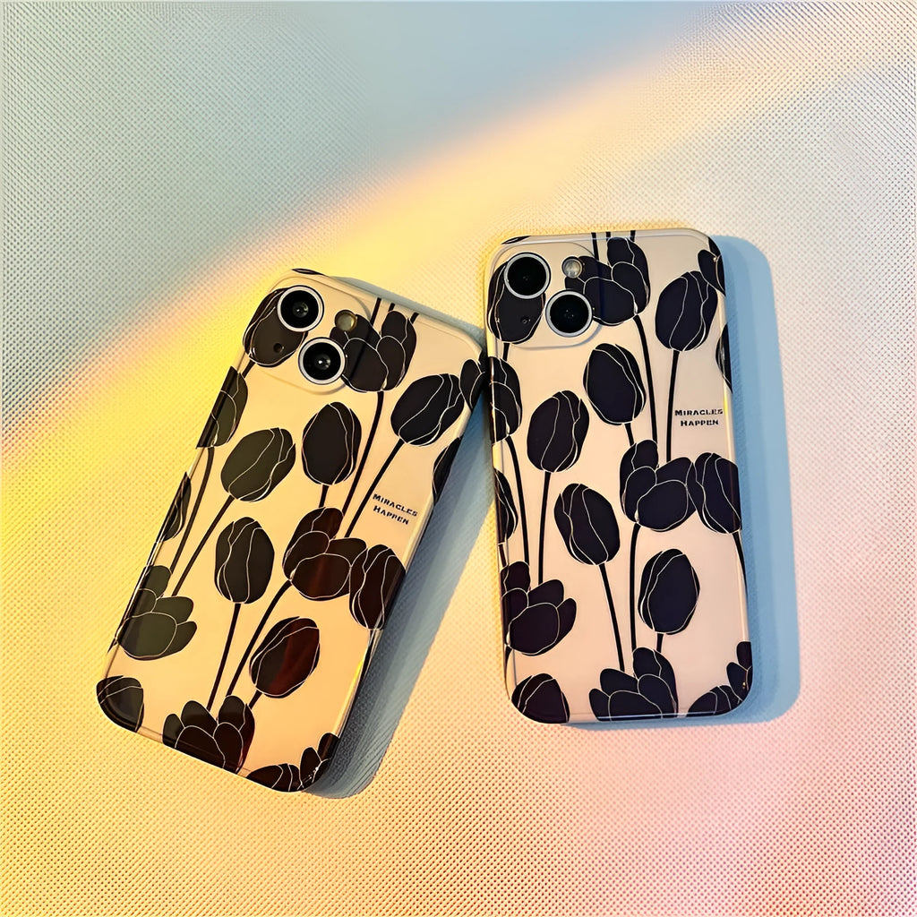 Black tulip patterned silicone iPhone case shown on an iPhone