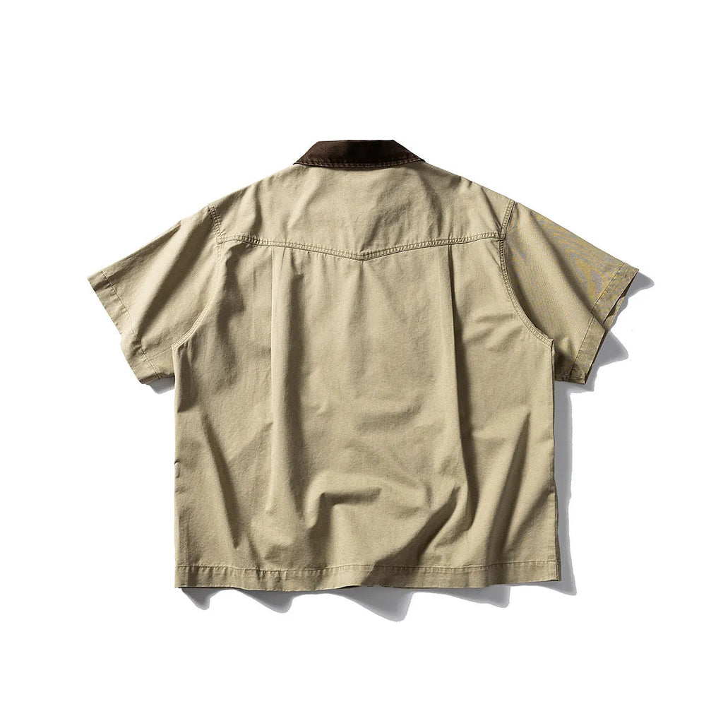 Khaki and grey cotton short sleeve overall shirt with loose fit cardigan styling for teenagers