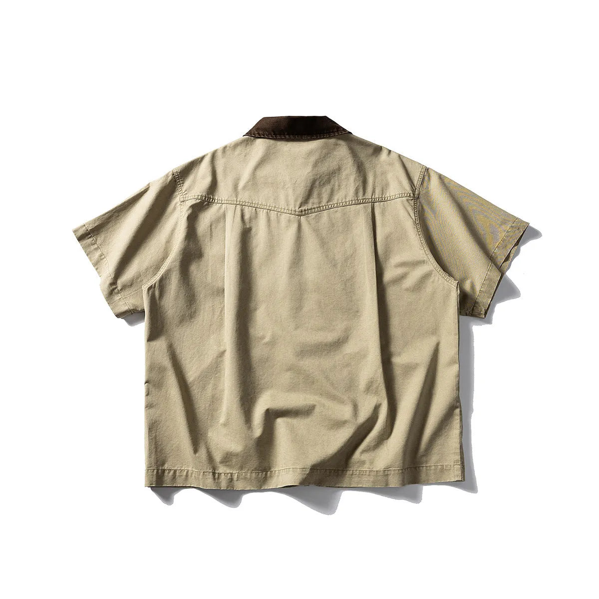 Khaki and grey cotton short sleeve overall shirt with loose fit cardigan styling for teenagers