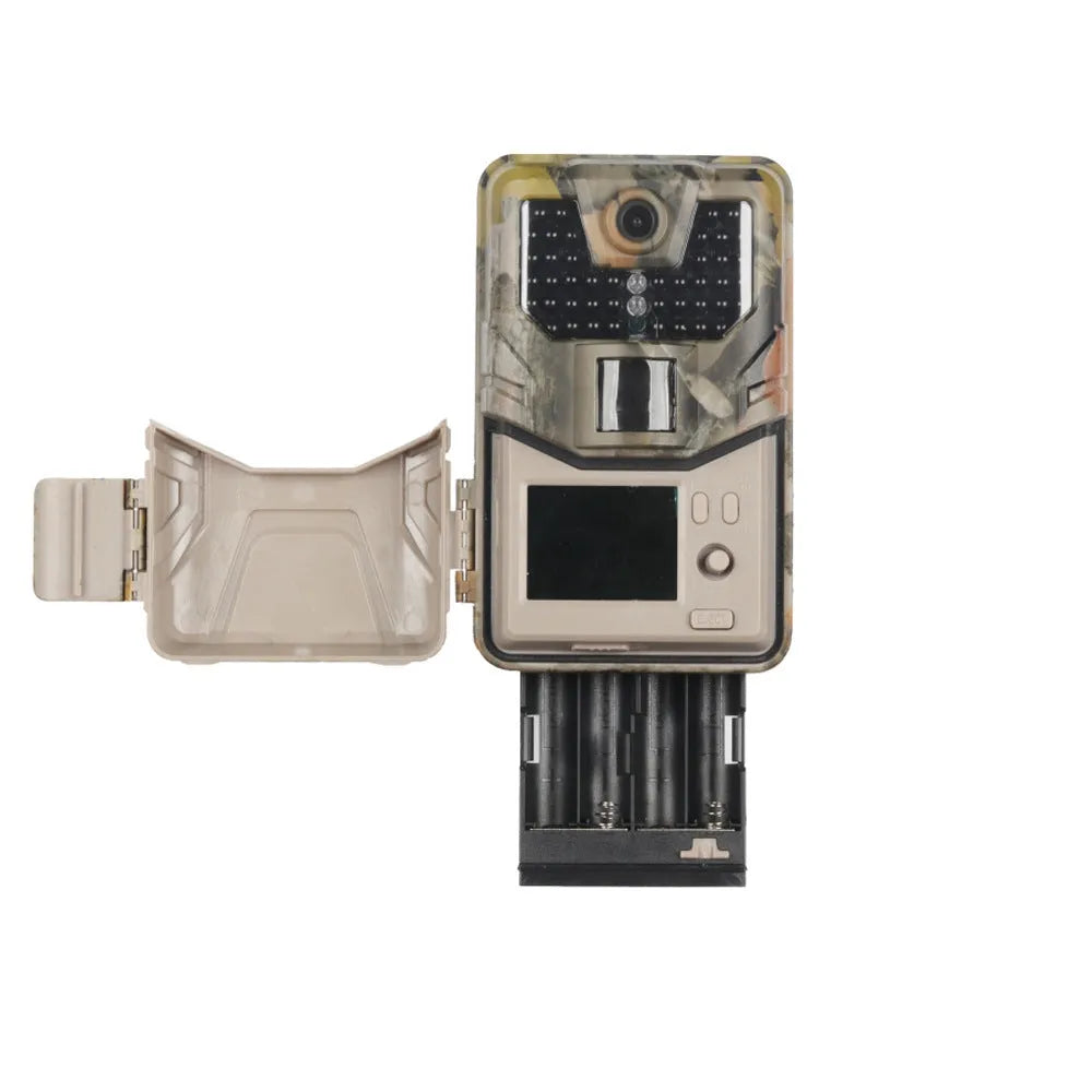Compact camouflage outdoor hunting camera with infrared LEDs for night vision and Bluetooth connectivity.