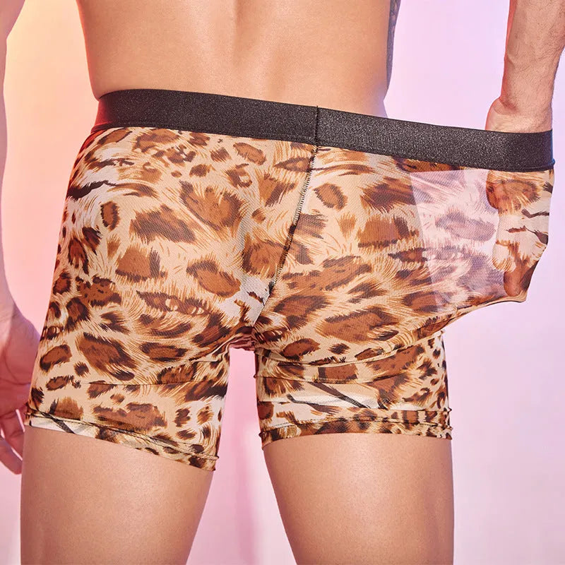 Men's leopard print boxer shorts on a free-size hanger.