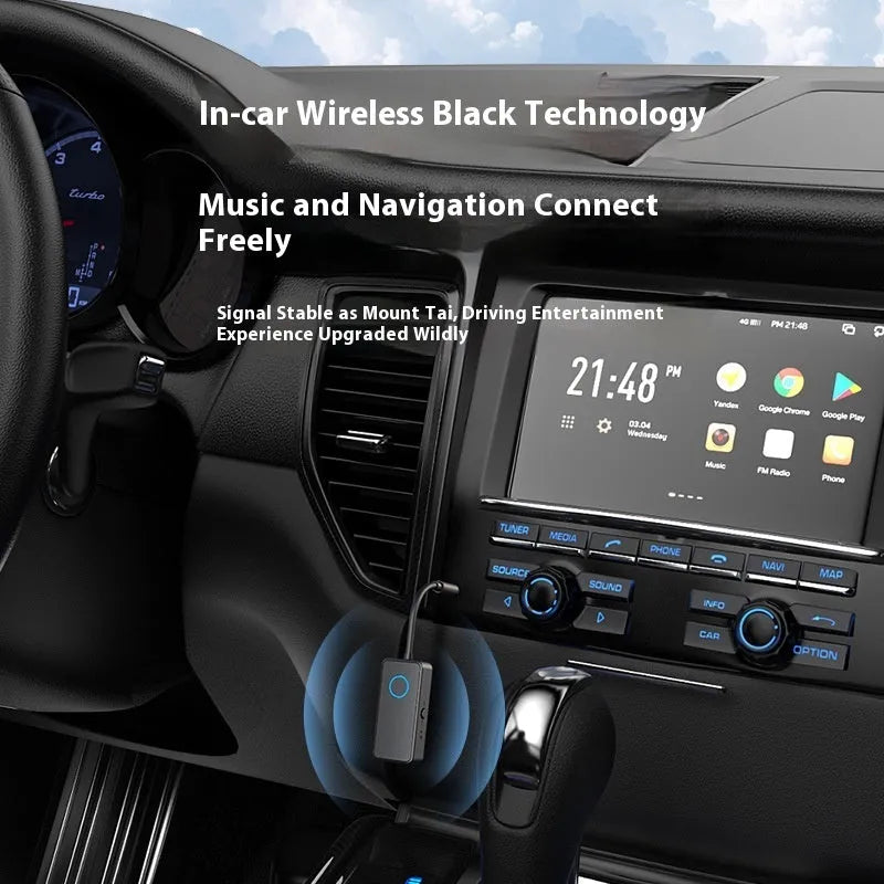 Black Bluetooth 5.4 audio adapter with flexible 3.5mm plug for wireless streaming to wired sound systems