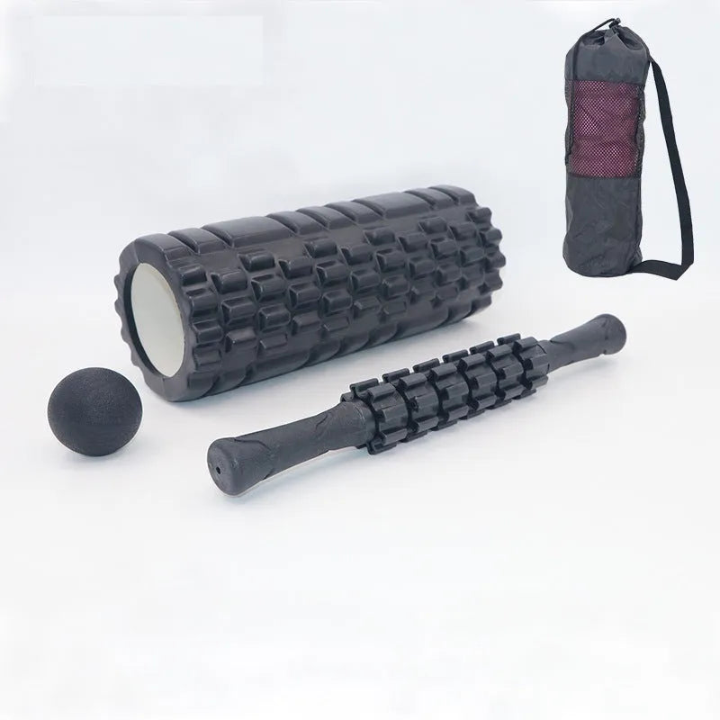 Black foam roller massage bar showing six sections, 33cm long, for muscle therapy.