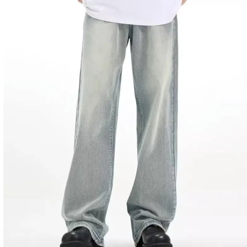 Blue loose retro trousers made from rabbit fur fabric with elastic waistband