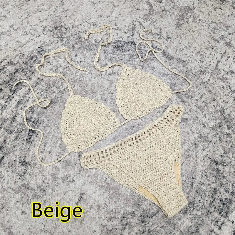 3-piece crochet bikini swimsuit set with matching beach skirt in solid colour