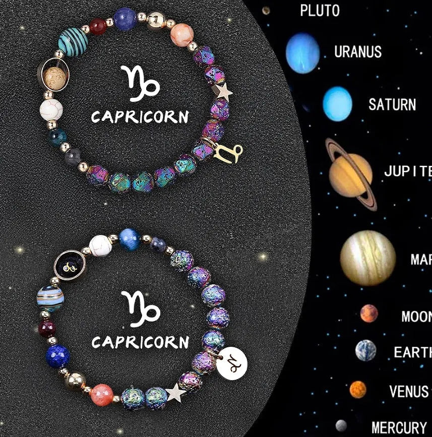 Two natural stone beaded bracelets with zodiac symbols on an adjustable cord.
