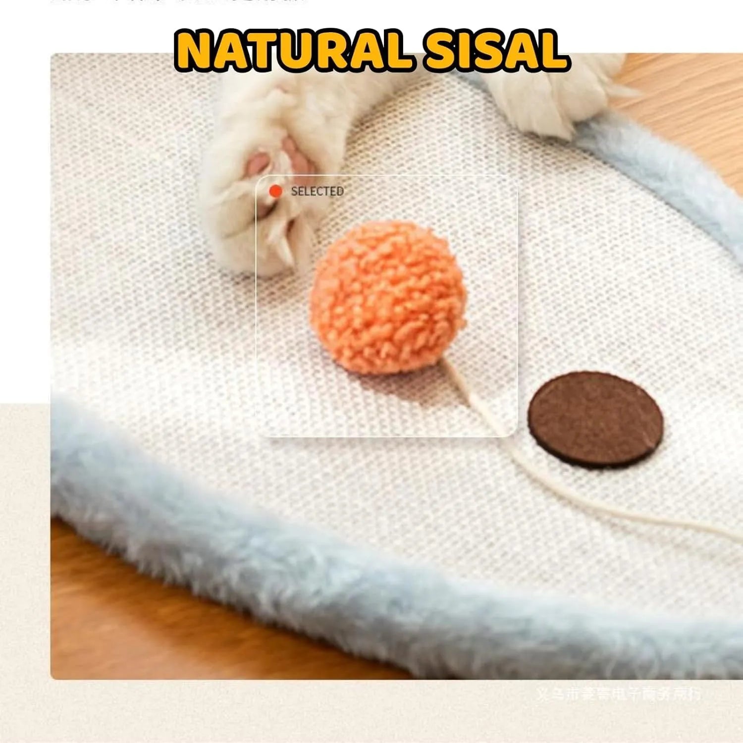 White wall-mounted cat scratching mat with a cartoon sleeping cat design, made from natural sisal.