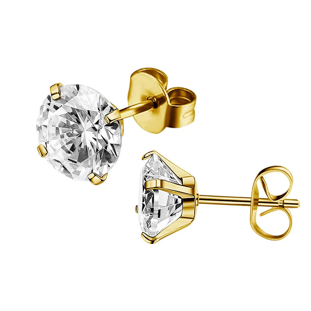 Titanium steel zircon stud earrings in round and square designs with 2mm to 8mm size options
