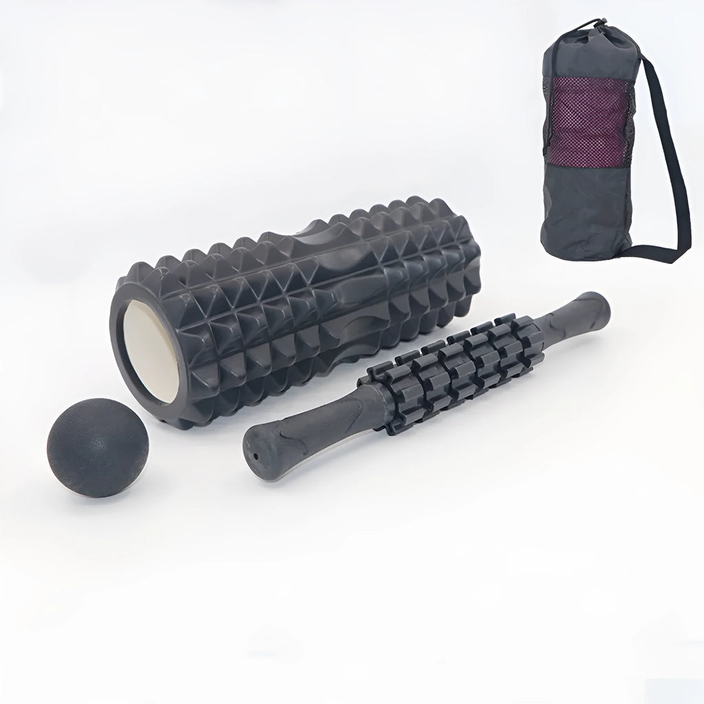 Black foam roller massage bar showing six sections, 33cm long, for muscle therapy.