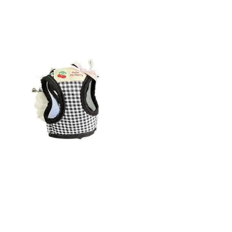 Small dog harness and lead set with chest and back attachment points in cotton material