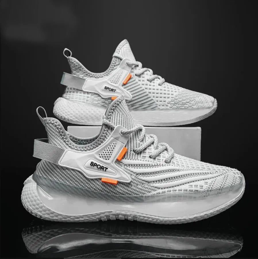 Men's white woven mesh platform sneakers with flat rubber sole and front lace-up design