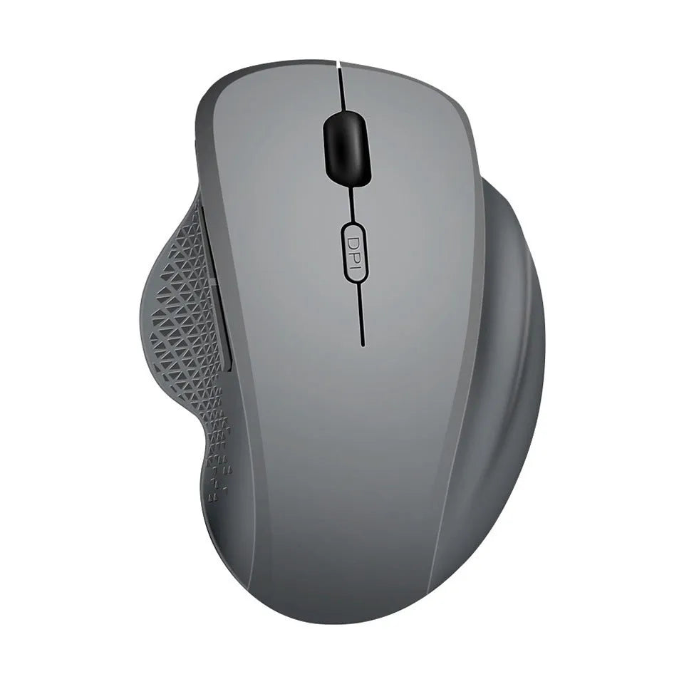 Black and grey self-charging wireless optical mouse for laptops with USB charging cable