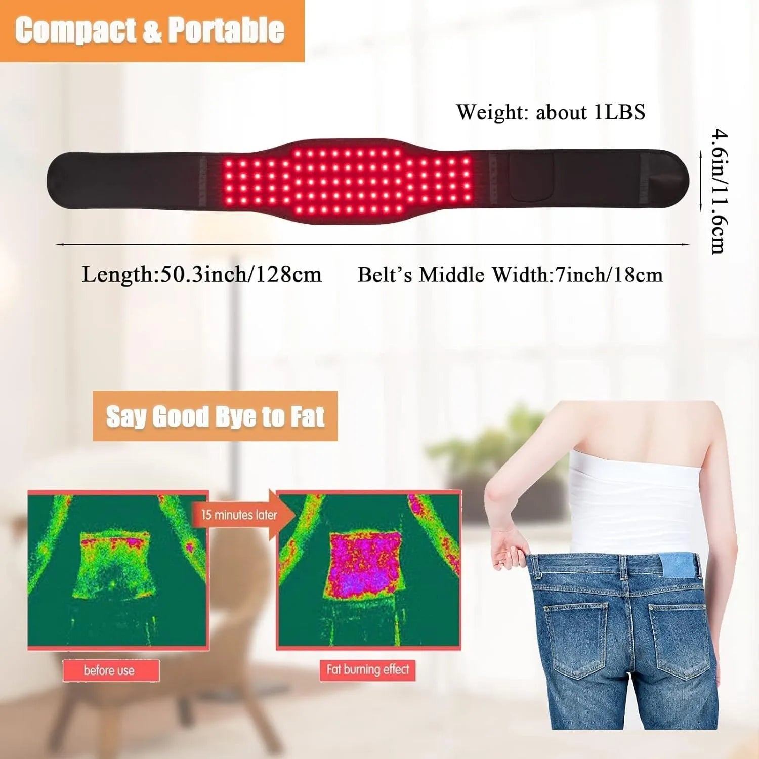 Black adjustable infrared therapy belt for waist pain relief with 16W power rating