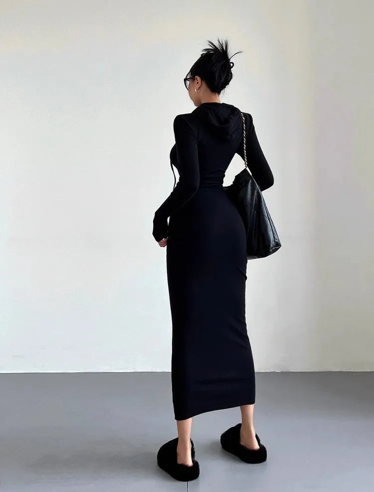 Women's grey hooded long sleeve sheath dress with a high waist and over-the-knee length.