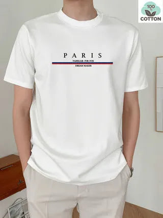 Men's loose fit pure cotton T-shirt featuring a heavy black letter print on a white background.
