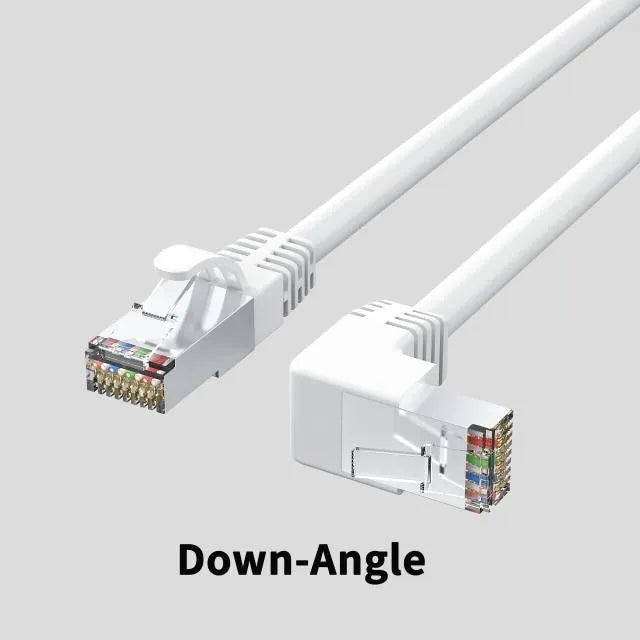 Right-angle Cat6 Ethernet cable with metal RJ45 connectors in various colours and lengths