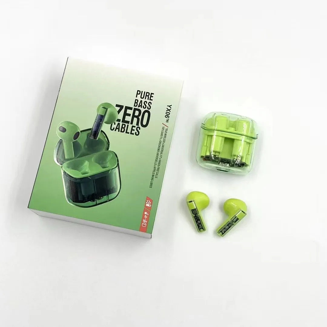 YX06 wireless TWS headphones with transparent casing in black, white, green, or orange colours