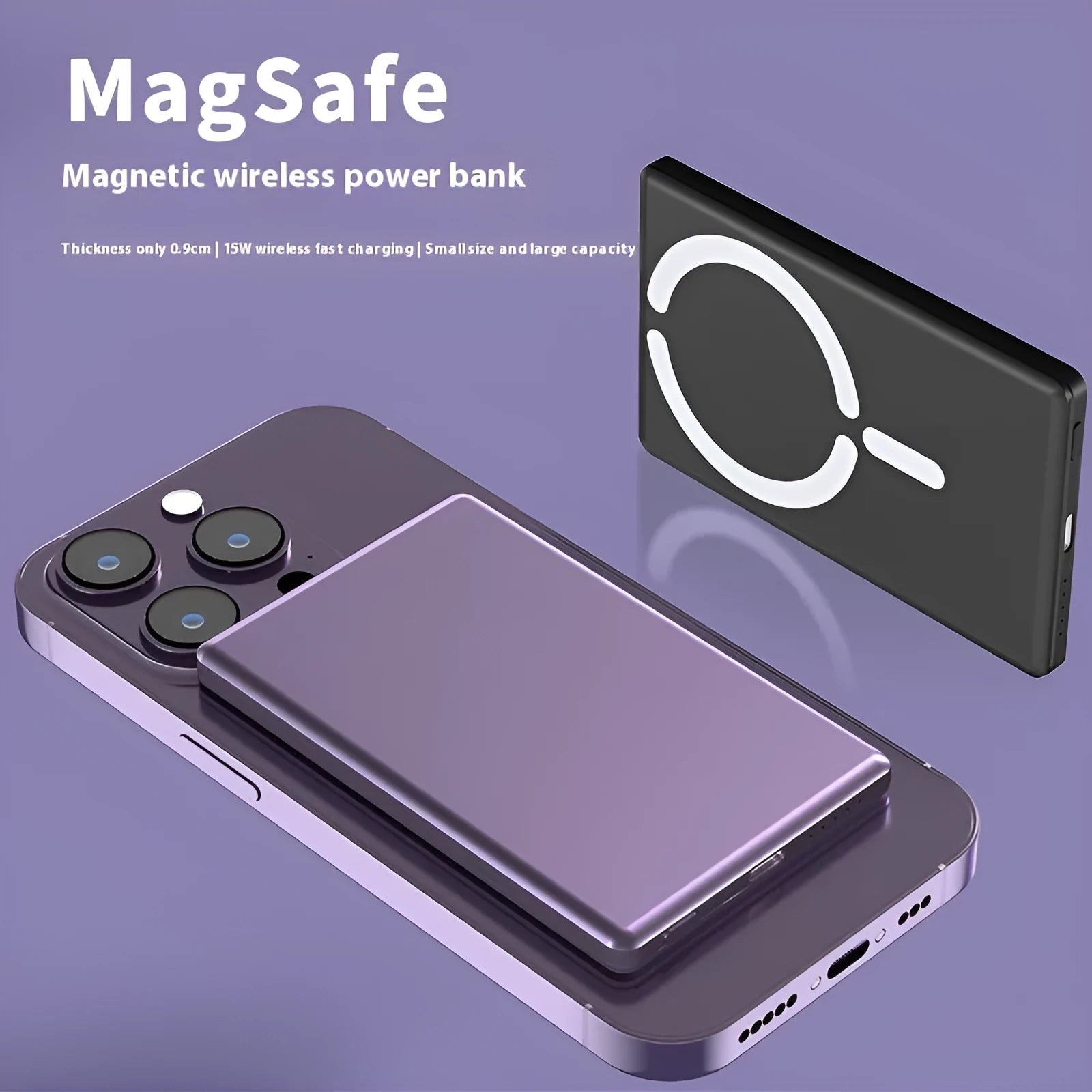 Ultra-thin magnetic power bank with alloy shell in dark gray silver black or violet