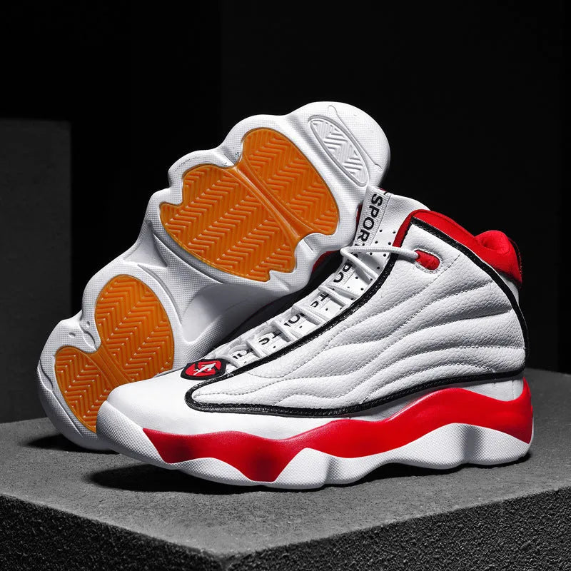 Men's high-top basketball sneakers in AJ13 colour options with mesh upper and rubber sole.