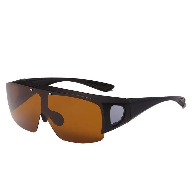 Polarized clip-on sunglasses with a one-piece frame shown in multiple lens colour options including black and grey