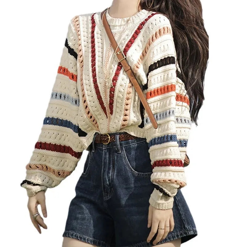 Rainbow striped hollow pattern sweater with batwing sleeves in loose fitting casual style