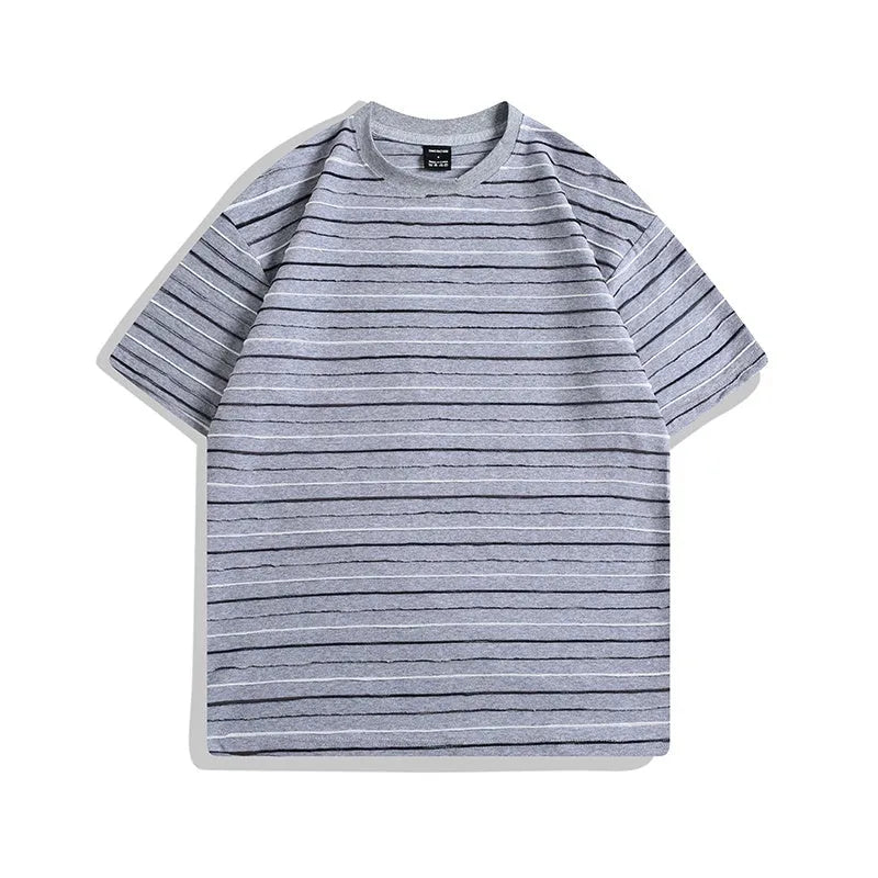 Colour striped loose fit cotton blend t-shirt with short sleeves and round neck collar in multiple colour options