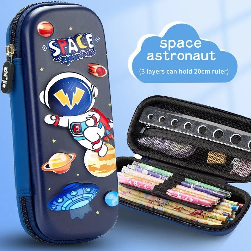 3D leather pencil case with embossed holographic character design showing textured surface detail