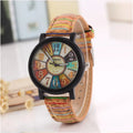Women's vintage style quartz watch with 37mm round dial on leather strap with stainless steel pin buckle