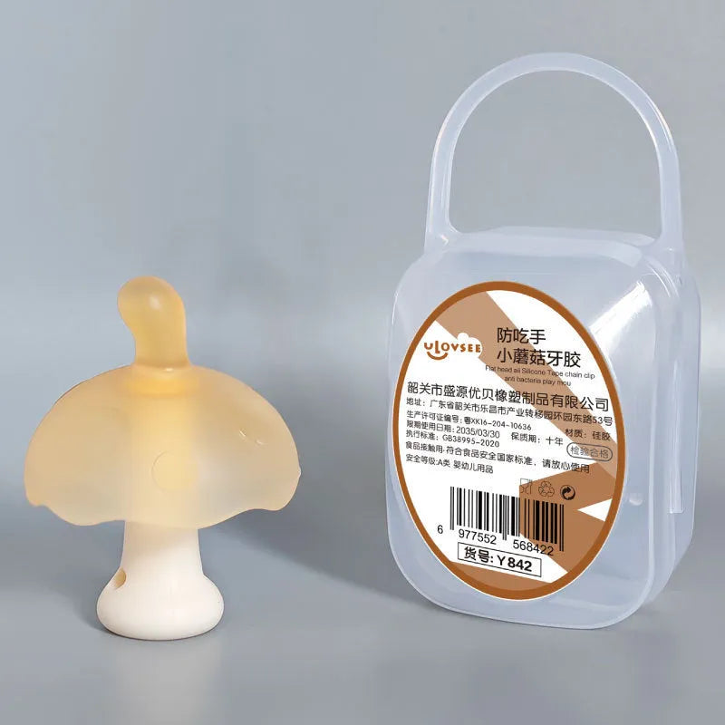 Small mushroom-shaped latex novelty gum in a transparent box with an optional nano chain attached.