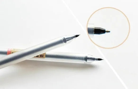 Muji 12-piece gel pen set showing 0.5mm fine nib details and anti-leakage design