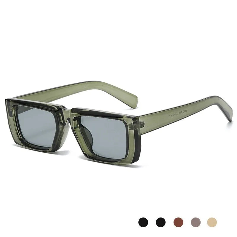 Y2K style sunglasses with UV400 protection in multiple colour combinations including black, grey, and transparent frames
