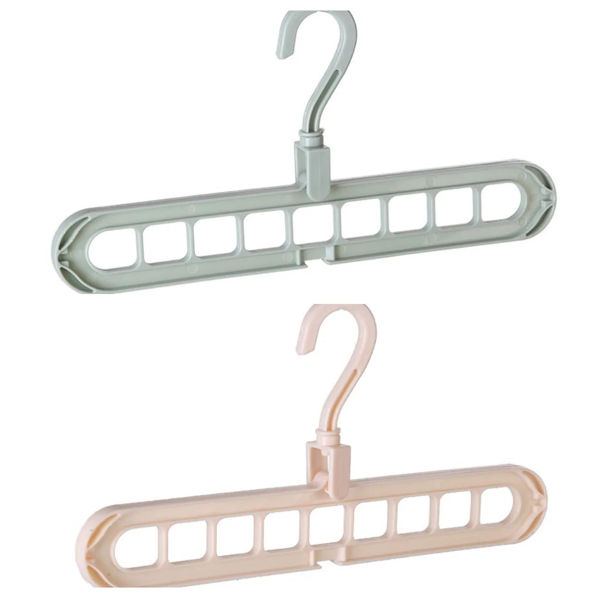 Plastic clothes hanger with rotating hook in assorted colours on white background