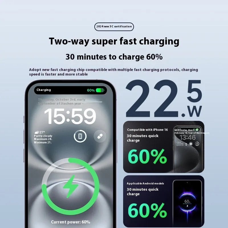 Compact portable power bank with built-in cable, LCD display, and 22.5W fast charging in Moon White