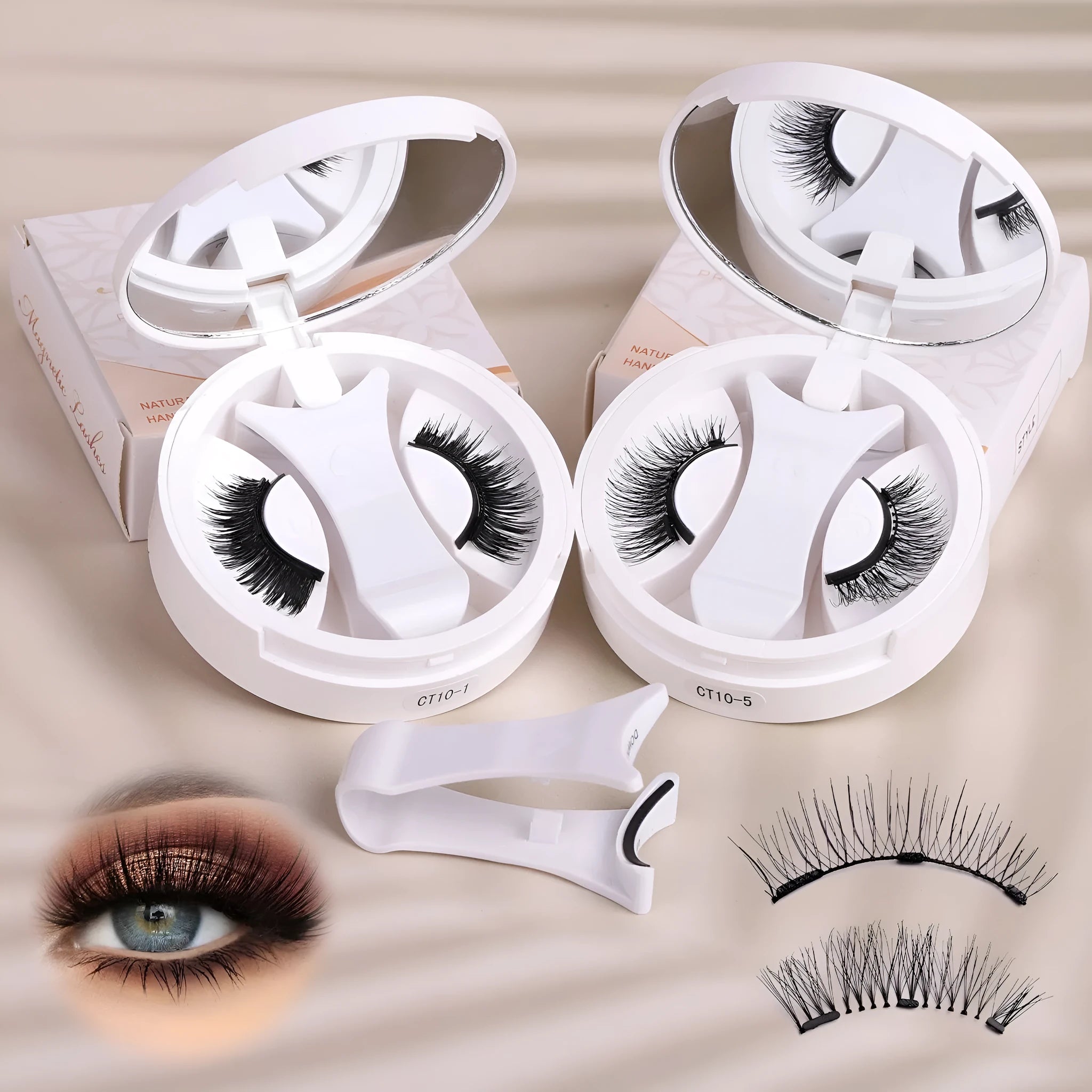 False eyelashes stored in integrated soap holder case with magnetic closure