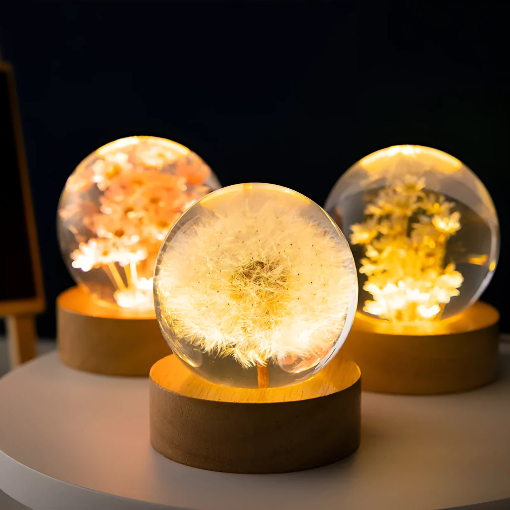 Dandelion eternal flower inside a clear resin crystal ball USB night light on a beech wood stand.