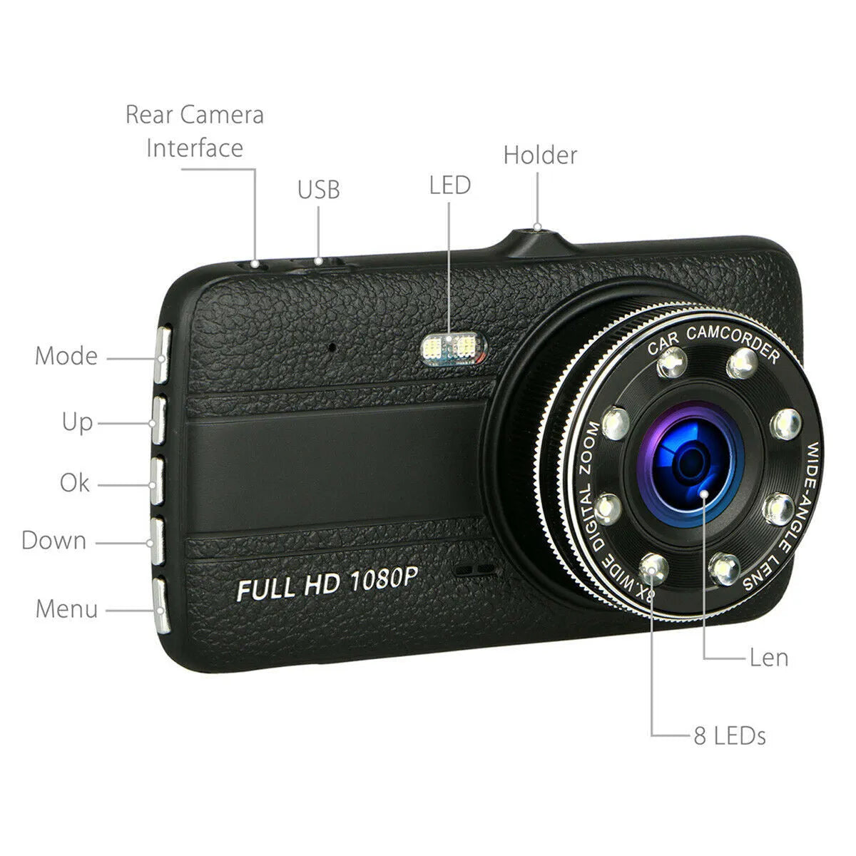 HD driving recorder with eight night vision lights and 4.0 inch screen installed on car windscreen