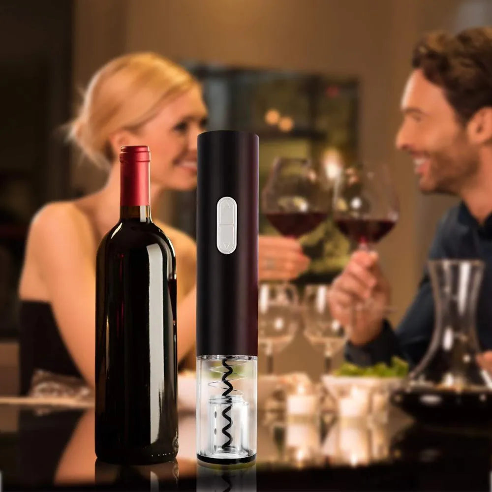 Automatic electric wine bottle opener with foil cutter in black, showing compact design and button operation