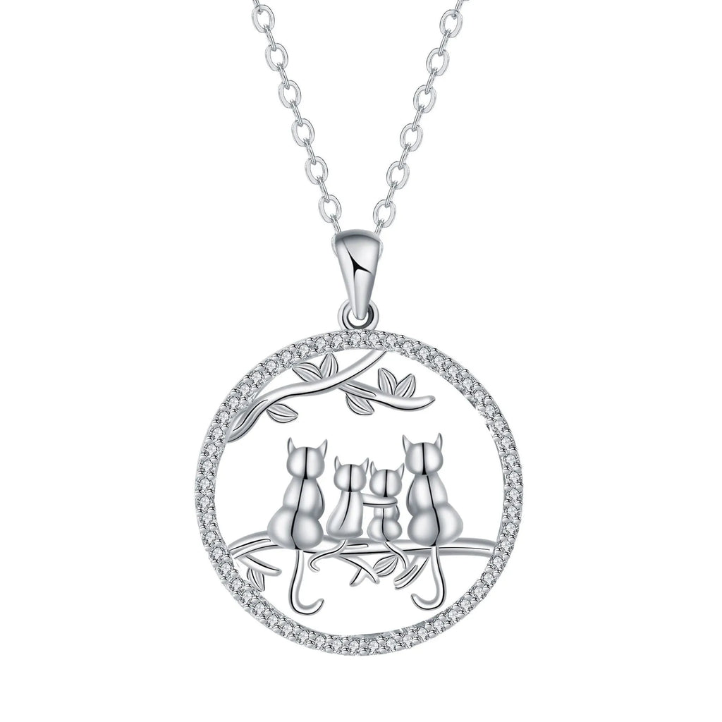 Copper necklace with four kitten pendant on cross chain, electroplated finish