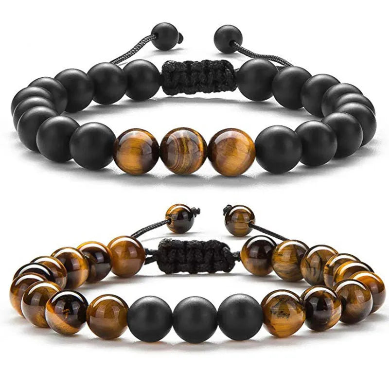 Matte black agate couple bracelets with geometric bead design