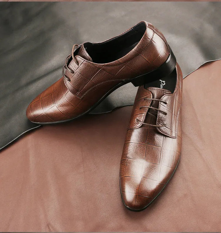 Men's black checkered cow leather derby shoes with pointed toe and handcrafted sewing detailing