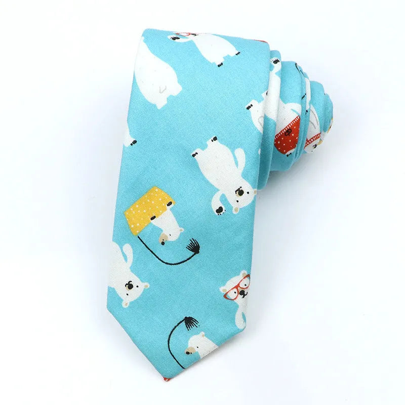Korean style narrow men's cotton bow tie with a cartoon print pattern on an adjustable neck band.
