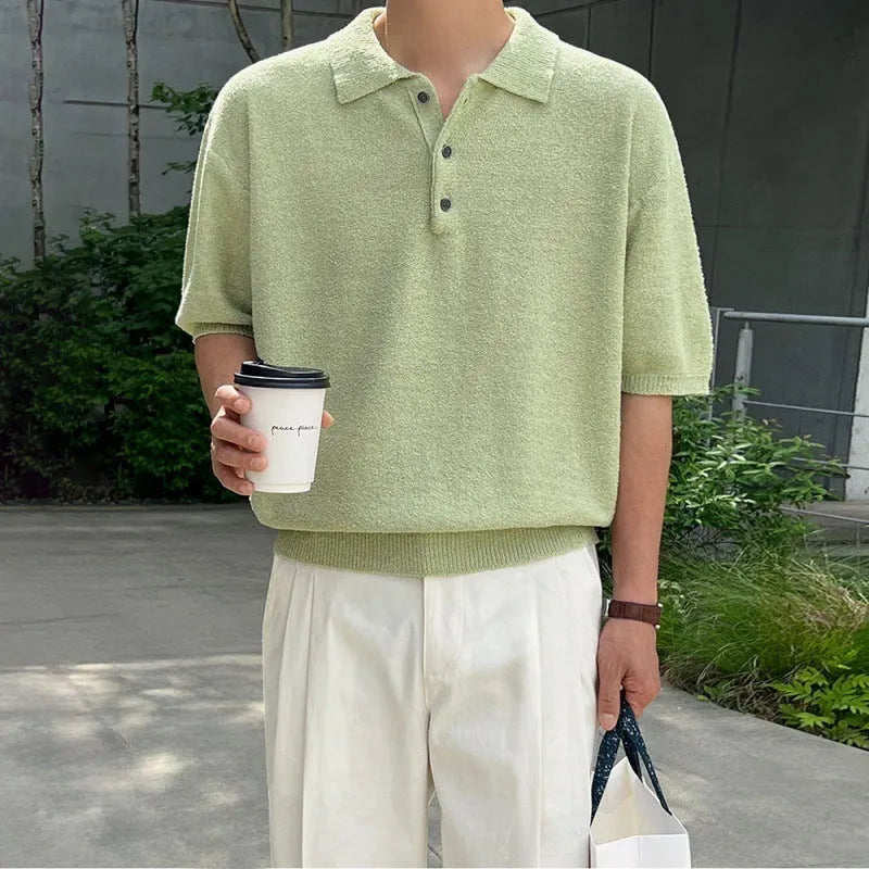 Men's retro knitted polo shirt in caramel colour with short sleeves and asymmetric design details