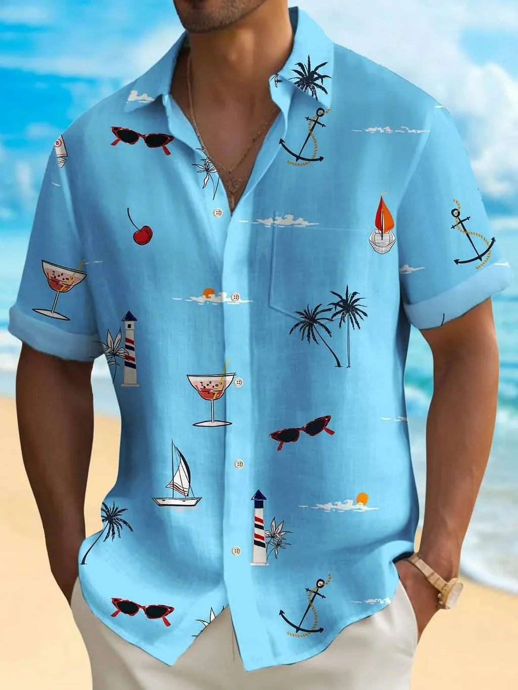 Men's loose fit Hawaiian shirt with digital printed pattern, short sleeves, available in multiple colours